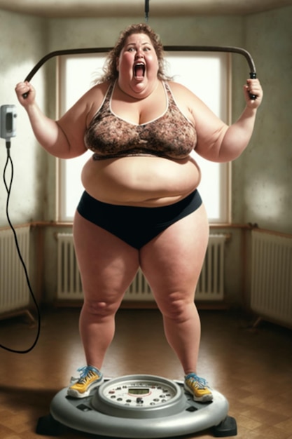 A woman standing on a scale with a weight scale that says'fat'on it