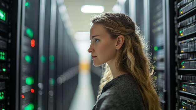 Woman Standing in Server Room Focused and Looking Away