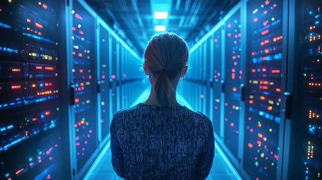 Woman Standing in a Server Room with Glowing Lights