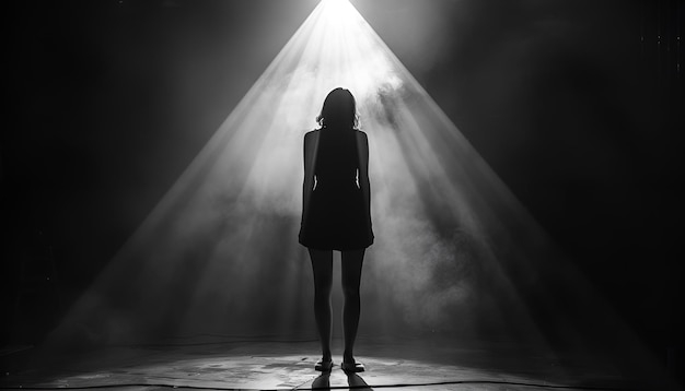 Photo woman standing in the spotlight the wide frame the whole woman is seen as a silhouette