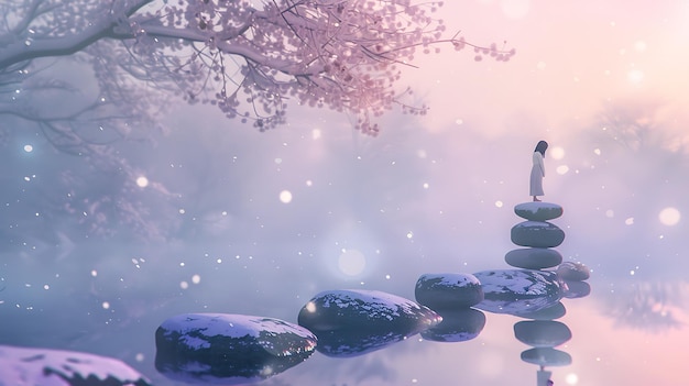 Woman Standing on a Stack of Rocks in a Snowy Landscape