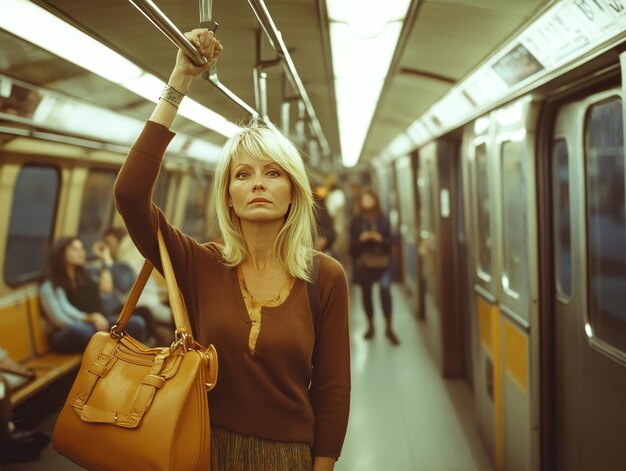 Photo woman standing on subway holding a pole