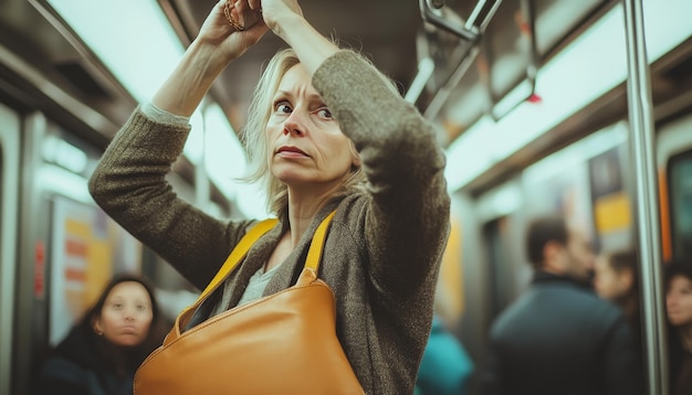 Photo woman standing on subway holding a pole