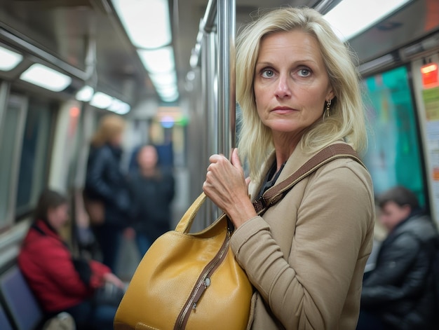 Photo woman standing on subway holding a pole