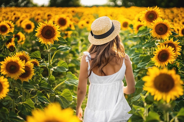 Woman standing on the sunflowers field and looking at the sunset. back view.