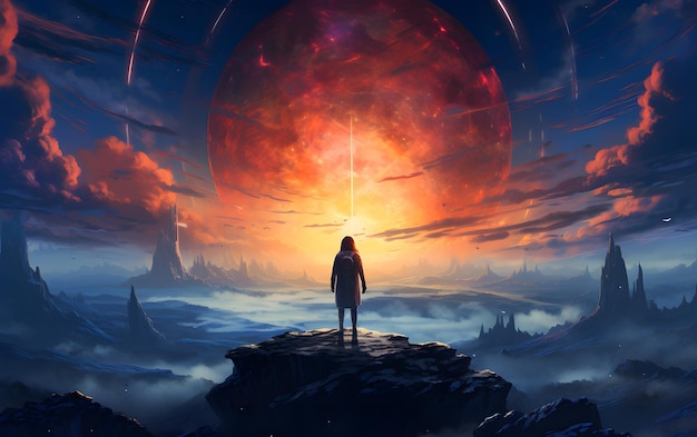 woman standing on top of a mountain illustration in Futuristic world with sunset sky