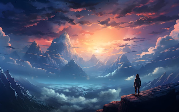 woman standing on top of a mountain illustration in Futuristic world with sunset sky