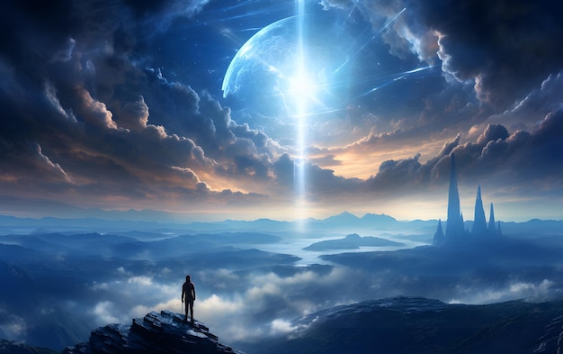 woman standing on top of a mountain illustration in Futuristic world with sunset sky