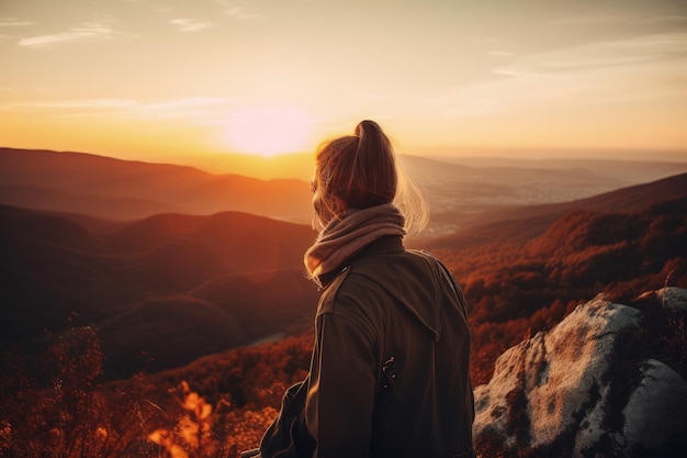 A woman standing on top of a mountain at sunset generative AI