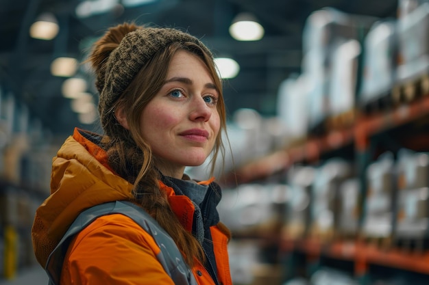 Woman Standing in Warehouse Looking at Camera