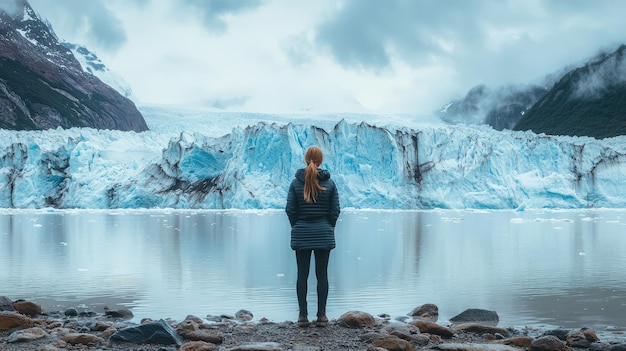 Photo a woman standing in wonder in front of massive glacier reflecting on natures beauty