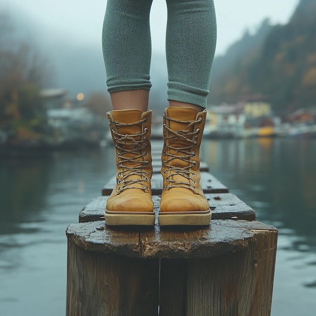 Photo a woman standing on a wooden post with boots on it