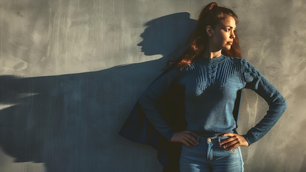 Photo a woman stands against a concrete wall with her hands on her hips