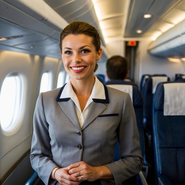 a woman stands on an airplane with a red exit sign behind her