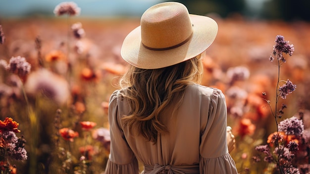 Woman stands amidst a vibrant field of blooming flowers facing away from the camera wearing a sunhat as the setting sun casts a warm glow