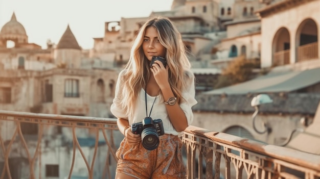 A woman stands on a balcony with a camera