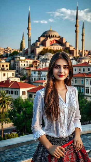 Photo a woman stands on a balcony with a mosque in the background