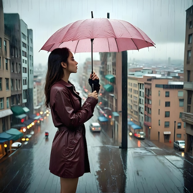 a woman stands on a balcony with an umbrella in the rain