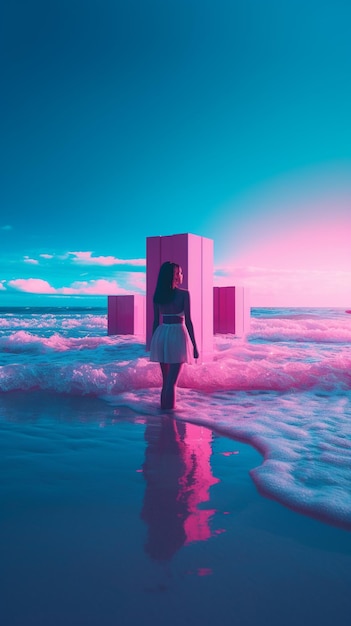 A woman stands on the beach in front of a pink cube.