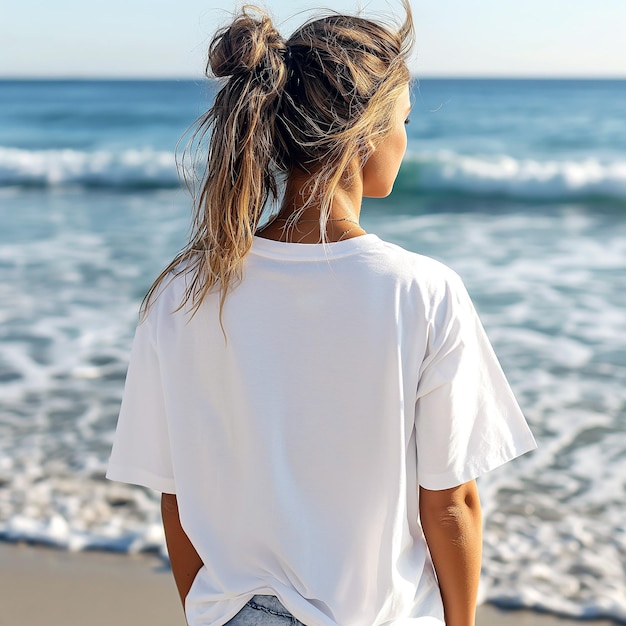 a woman stands on the beach looking out to the ocean