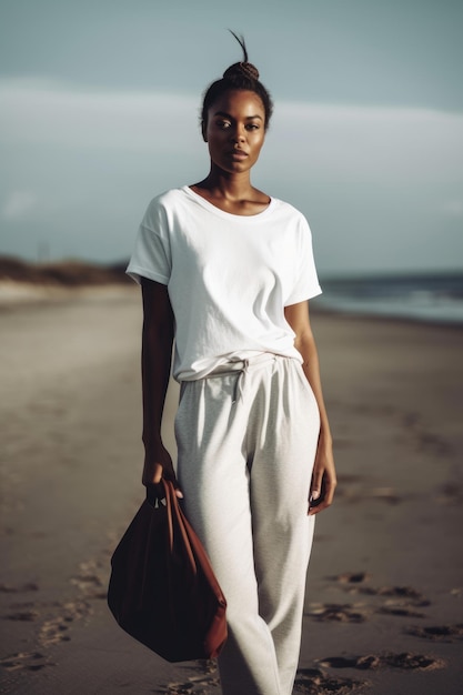 A woman stands on a beach wearing a white shirt and white pants.