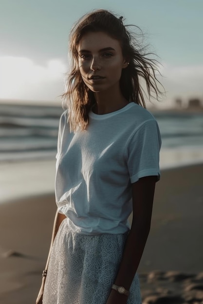 A woman stands on a beach wearing a white t - shirt and white skirt.