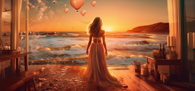 A woman stands on a beach with balloons in the sky.