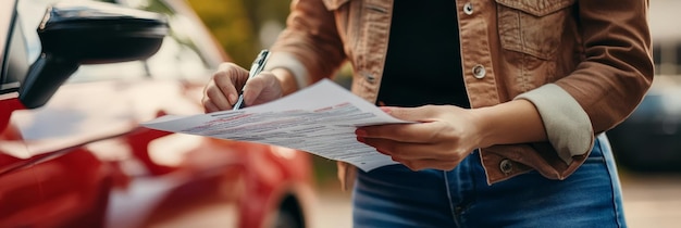 Photo a woman stands beside a red car carefully reviewing her car insurance policy she is holding a