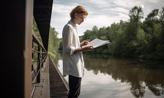 A woman stands on a bridge in front of a river and reads a book.