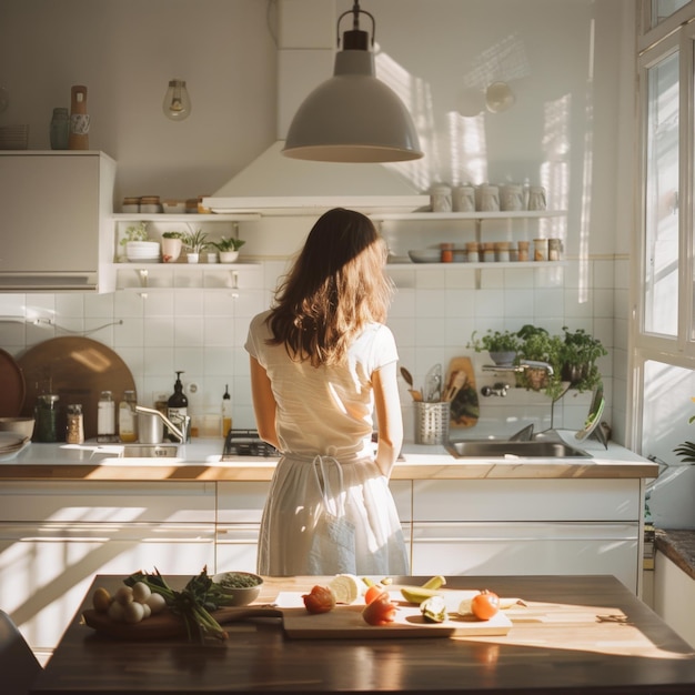 A woman stands in a bright kitchen preparing fresh vegetables