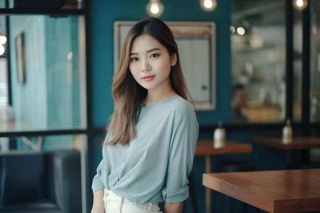 A woman stands in a cafe wearing a blue shirt and white pants.