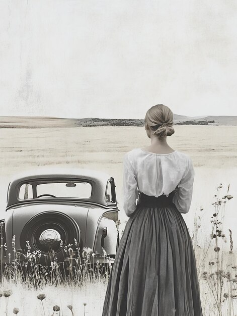 Photo a woman stands next to a car with a car in the background