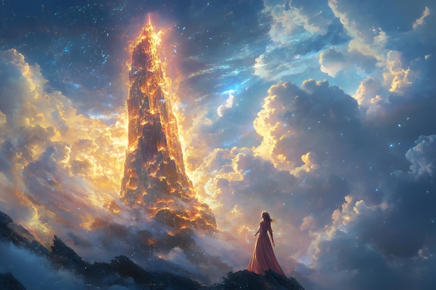 A woman stands on a cliff gazing at a tall golden tower reaching into the clouds