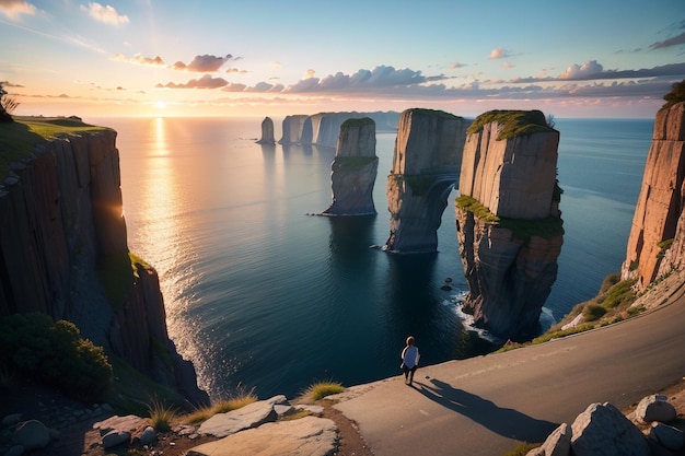 A woman stands on a cliff overlooking the ocean at sunset.