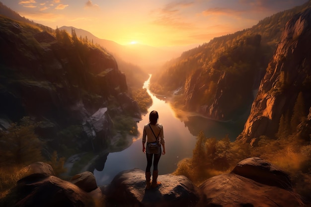 A woman stands on a cliff overlooking a river and the sun is setting.