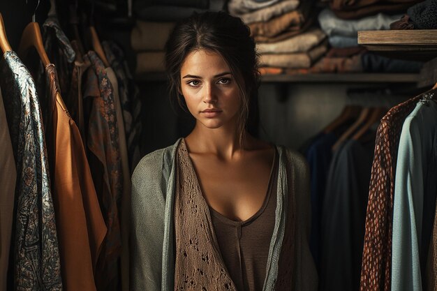 a woman stands in a closet with clothes hanging on the wall