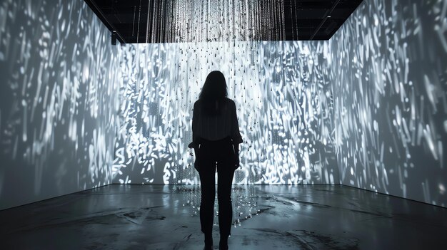 Photo a woman stands in a contemporary art installation with a light projection