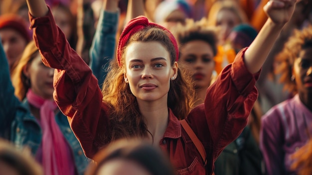 Photo a woman stands in a crowd with her arms raised in the air