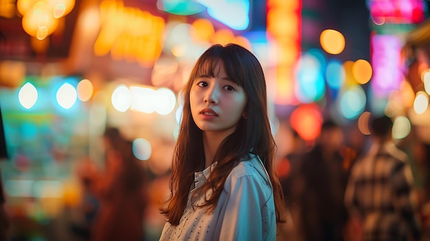 a woman stands in a crowded street with a blur of people in the background