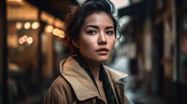 A woman stands in a dark alley, wearing a brown coat and a black scarf.