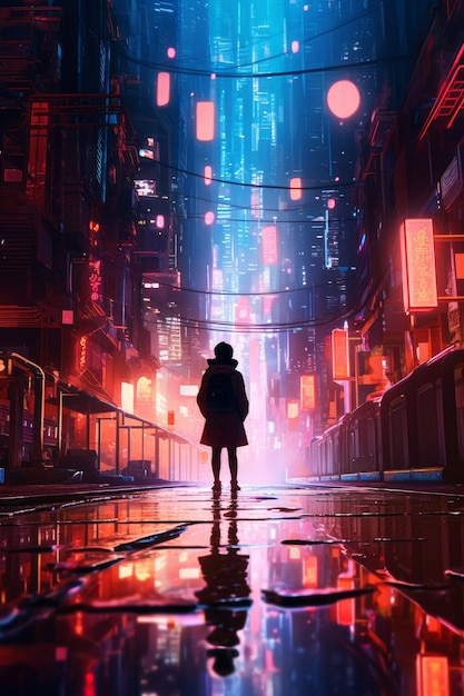 A woman stands in a dark city with a neon light on the left side.