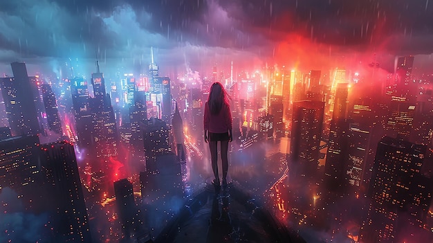 a woman stands on a dark cityscape with a city in the background