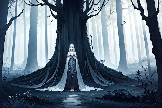 A woman stands in a dark forest with a sword on her head.