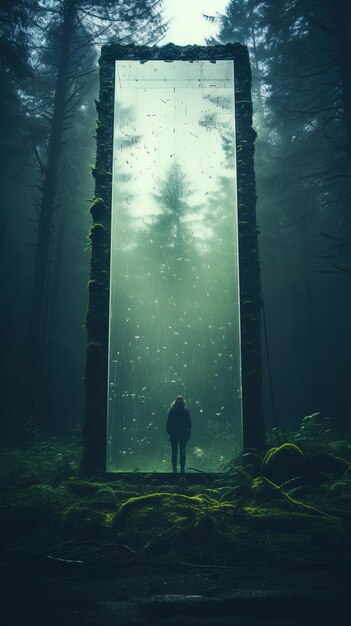 Photo a woman stands in a dark forest with a tree in the background