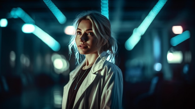 A woman stands in a dark room with a blue light behind her.