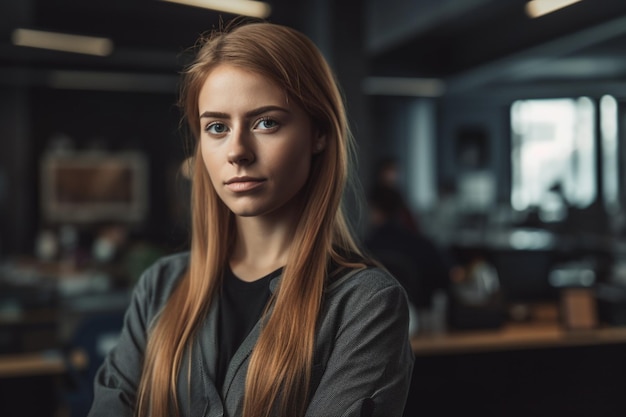 A woman stands in a dark room with a dark background and her arms crossed.