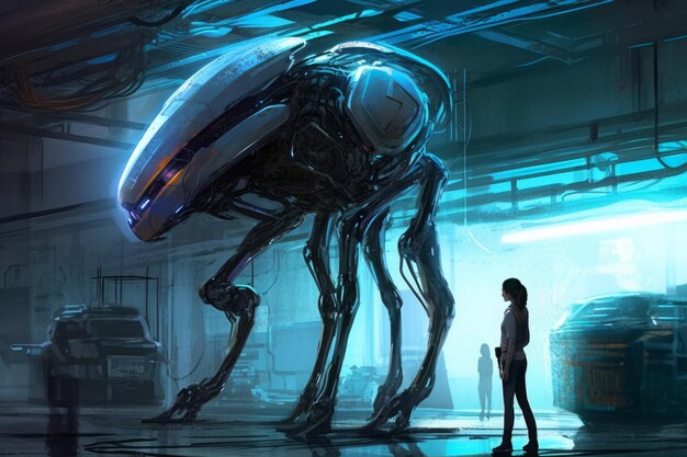 A woman stands in a dark room with a giant alien creature.