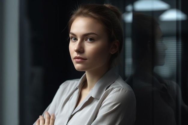 A woman stands in a dark room with her arms crossed.