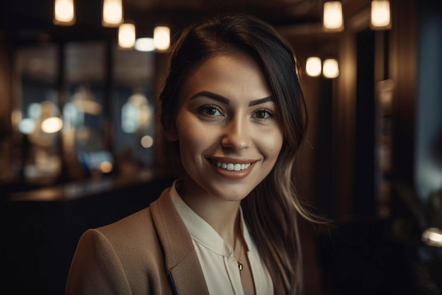 A woman stands in a dark room with a light on her face.