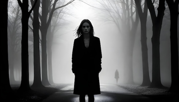 a woman stands in a dark room with a man in the background